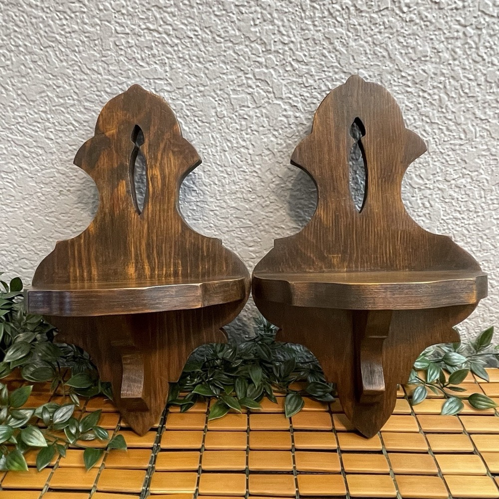 Vintage Wooden Wall Sconce Shelve Pair Handcrafted Dark Stain Keyhole Cutout 2pc